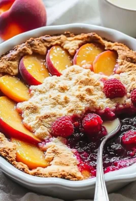 Freshly baked Peach Cobbler with Raspberries served in a rustic dish