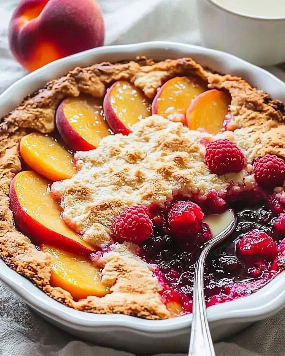 Freshly baked Peach Cobbler with Raspberries served in a rustic dish