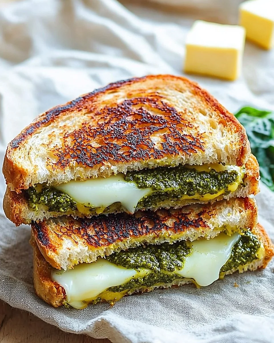 Delicious Pesto Grilled Cheese sandwich with melted cheese and fresh basil pesto