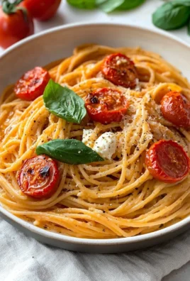 Dish of roasted tomato and garlic ricotta pasta with herbs