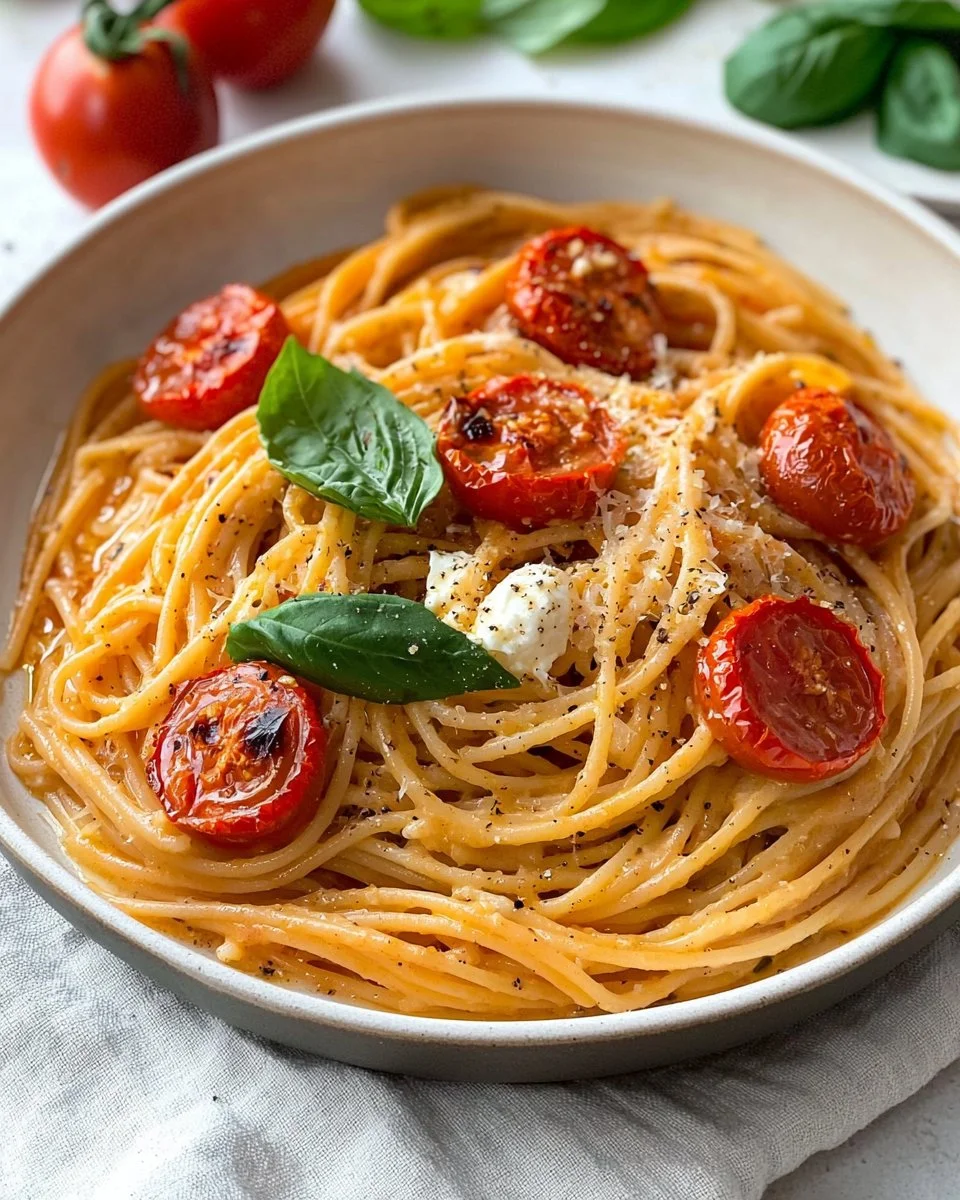 Dish of roasted tomato and garlic ricotta pasta with herbs