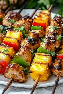 Grilled pineapple chicken kabobs served on a platter with fresh herbs.