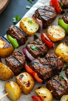 Savory grilled steak and potato kabobs on skewers