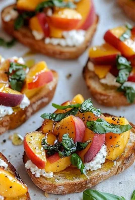 Simple Peach Bruschetta topped with whipped ricotta on a wooden platter.