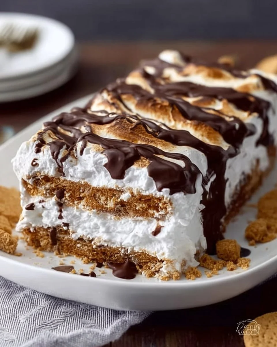 Delicious S'mores Icebox Cake layered with graham crackers, chocolate, and marshmallow.
