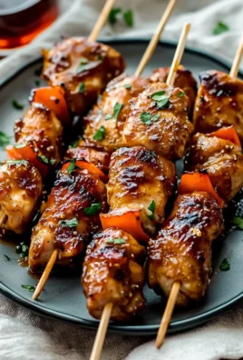 Sticky Bourbon Chicken Skewers drizzled with a rich bourbon glaze