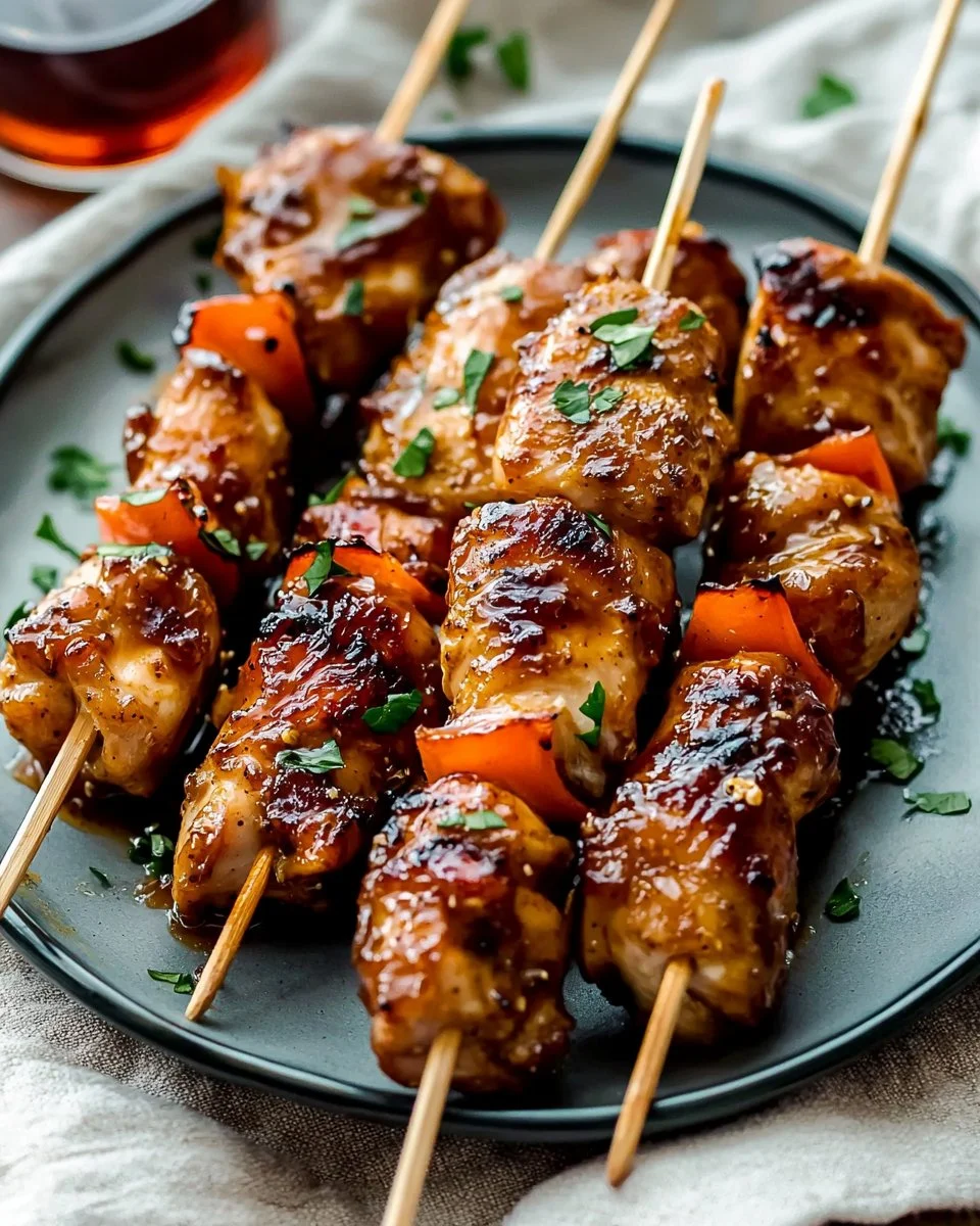 Sticky Bourbon Chicken Skewers drizzled with a rich bourbon glaze