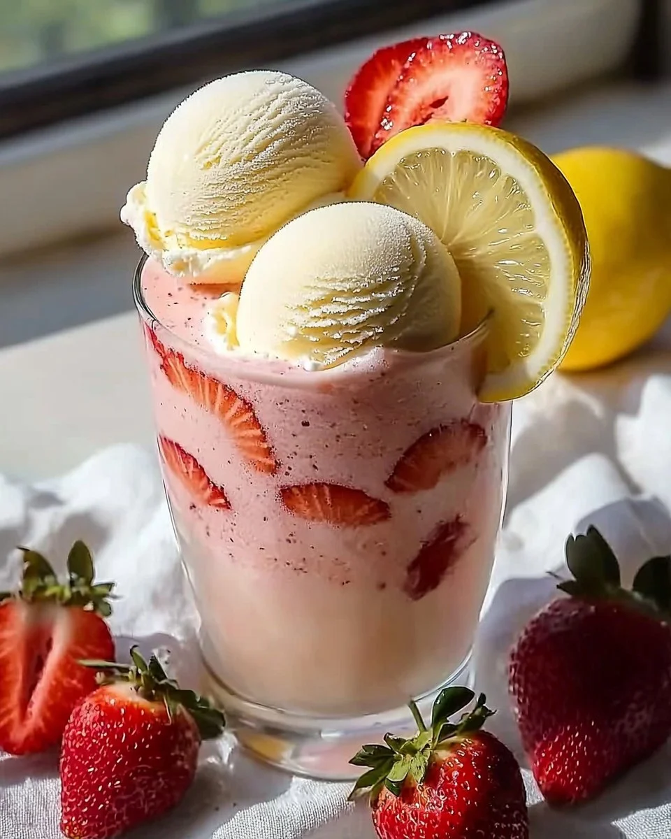 Strawberry frosted lemonade in a glass, garnished with fresh strawberries and lemon slices.