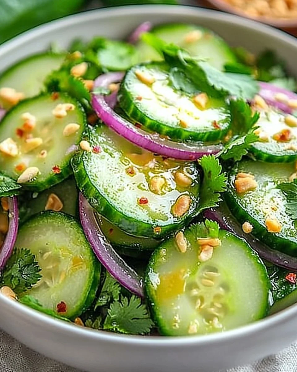 Fresh and colorful Thai Cucumber Salad with herbs and dressing