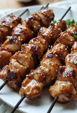 Grilled teriyaki chicken skewers served on a platter with vegetables
