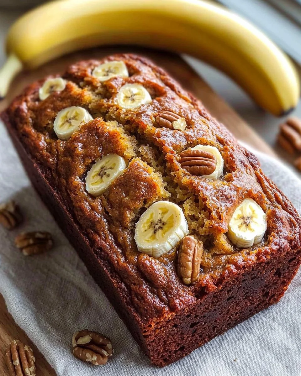 Loaf of freshly baked banana bread on a wooden table