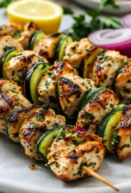 Triple Herb Chicken and Zucchini Skewers ready for grilling, delicious and healthy.