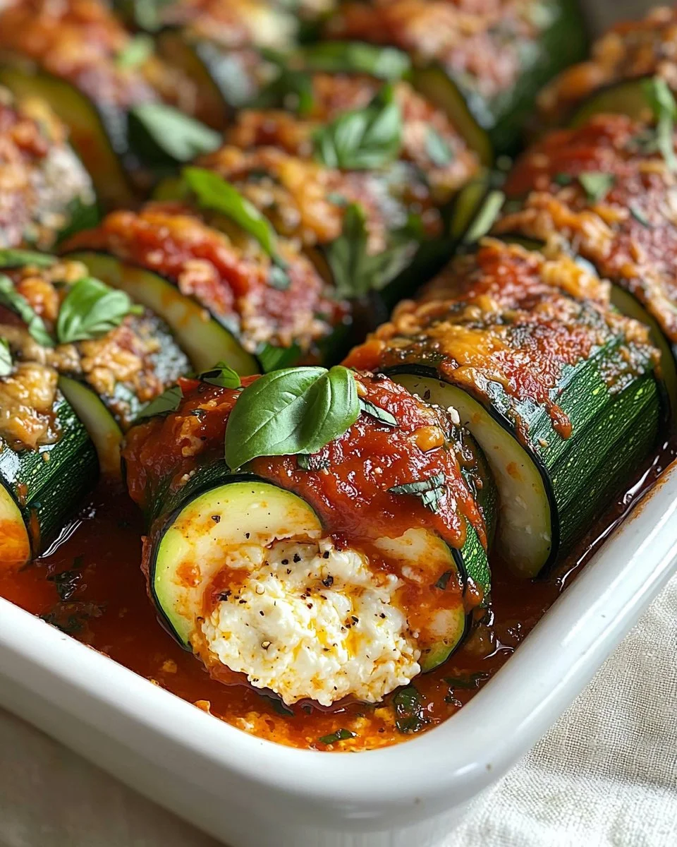 Delicious Zucchini Rollatini filled with ricotta and herbs, served on a plate.