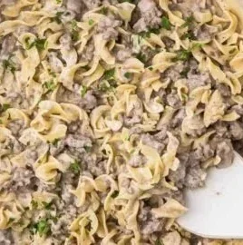 Quick and easy 30-minute ground beef stroganoff served in a bowl