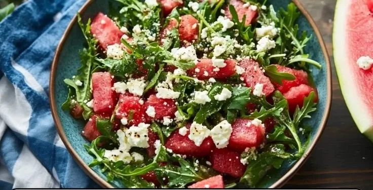 Arugula watermelon feta salad with vibrant colors and fresh ingredients