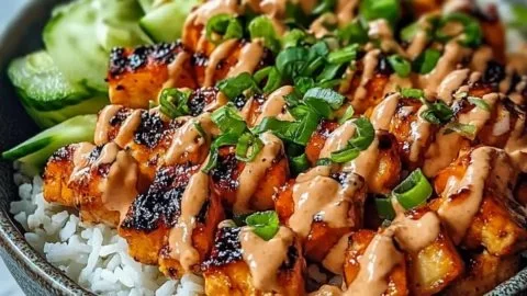 Delicious Bang Bang Chicken Bowl featuring creamy sauce and fresh ingredients