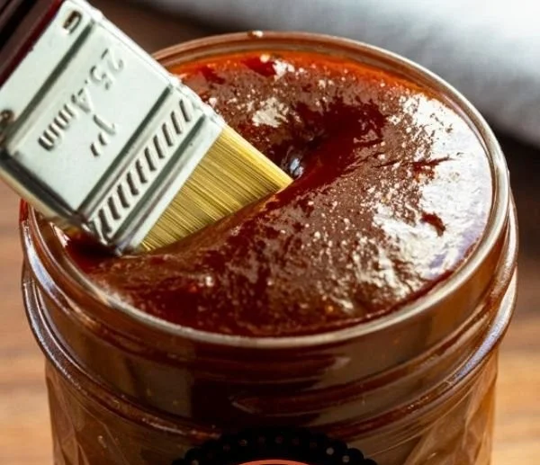 Homemade BBQ sauce in a jar with fresh ingredients