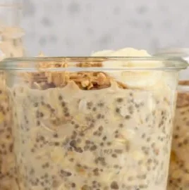 A bowl of Brown Sugar Overnight Oats topped with fruits and nuts for a healthy breakfast
