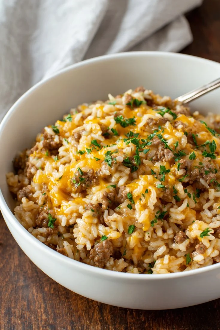 Cheesy ground beef and rice casserole in a baking dish
