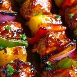 Grilled Chicken Pineapple Kabobs on skewers with colorful vegetables