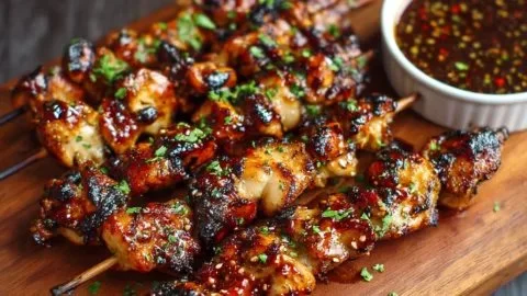 Tender chicken skewers glazed with homemade Korean BBQ sauce on the grill