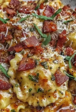 Creamy garlic ravioli carbonara pasta served in a bowl with herbs