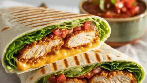 Delicious crispy chicken wraps served with fresh vegetables and sauces