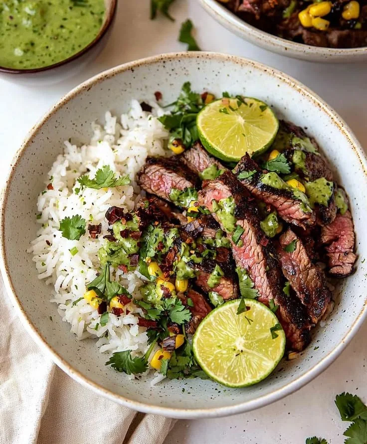 Delicious Flank Steak Bowl topped with fresh vegetables and rice