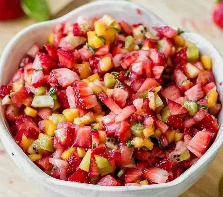 Fresh fruit salsa served with cinnamon sugar chips for a delicious snack