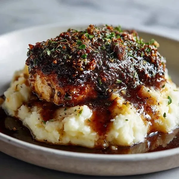 Delicious Garlic Herb Chicken served with herbs and spices on a plate.