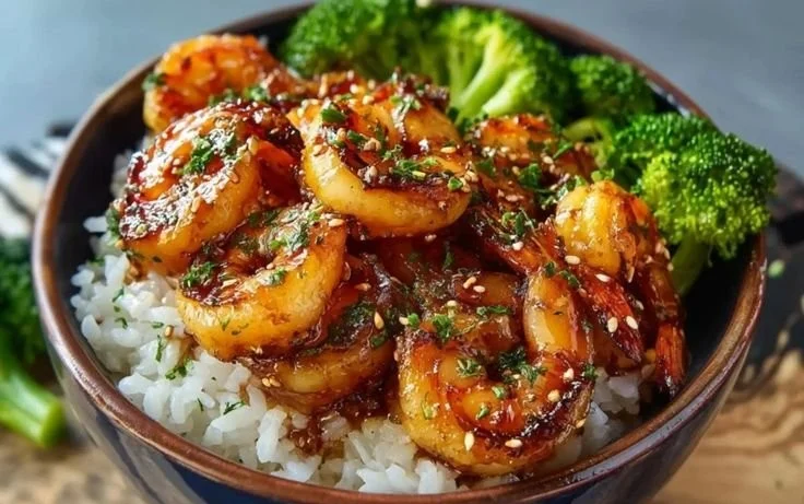 Honey Garlic Shrimp Bowl with colorful vegetables and rice