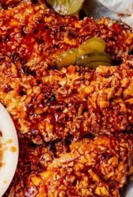 Delicious hot honey chicken tenders served on a plate with dipping sauce