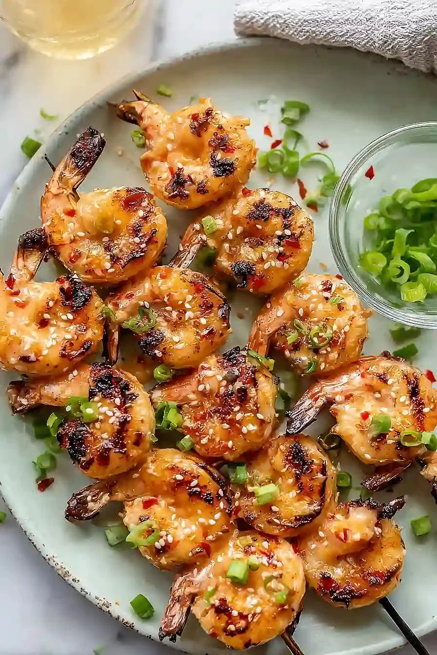 Grilled Bang Bang Shrimp skewers served with spicy dipping sauce