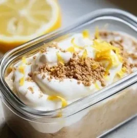 Lemon cheesecake overnight oats topped with fresh fruit and zest