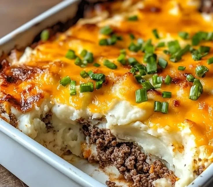 Loaded Steakhouse Mashed Potato Casserole topped with cheese and herbs