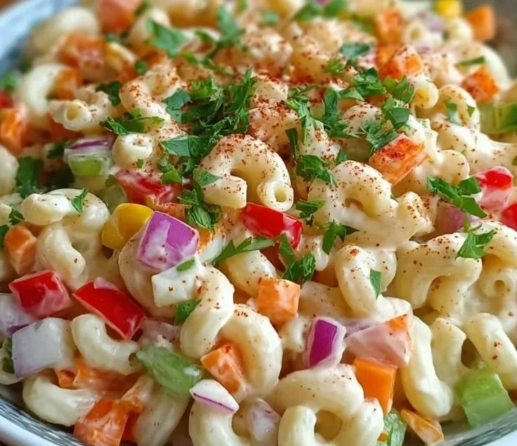 A bowl of Mac-Daddi-Roni Salad featuring pasta, vegetables, and creamy dressing