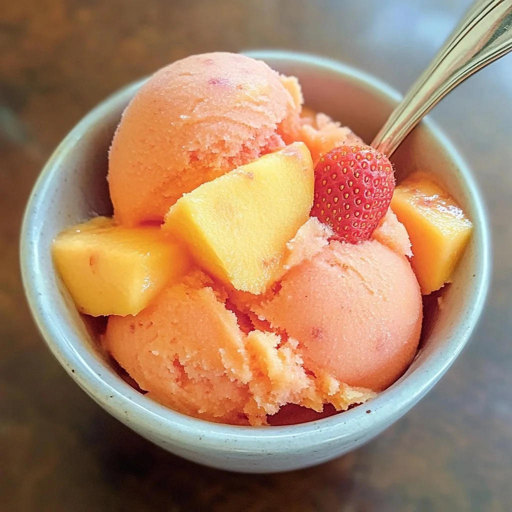 Delicious Mango Strawberry Sorbet served in a bowl with fresh fruit