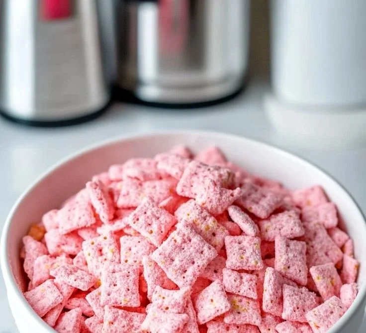 Delicious Quick Strawberry Shortcake Puppy Chow snack mixture in a bowl
