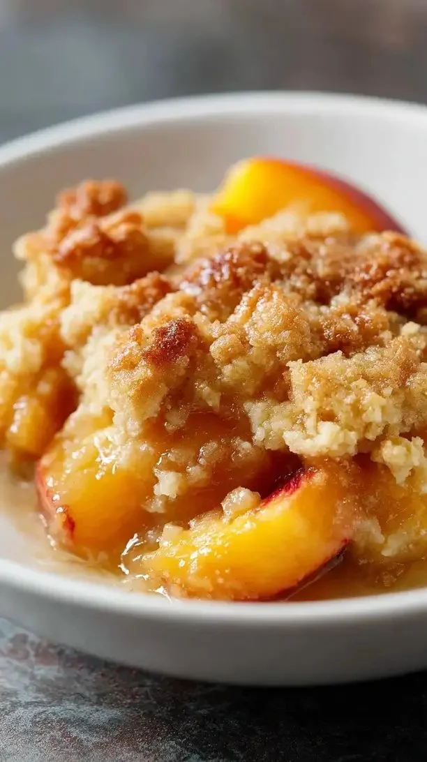 Delicious slow cooker peach cobbler topped with golden crust and fresh peaches.