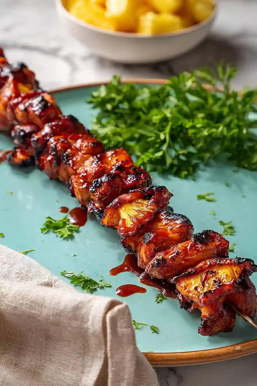 Smoky Grilled BBQ Chicken Bacon Pineapple Kabobs - thegirlskitchen
