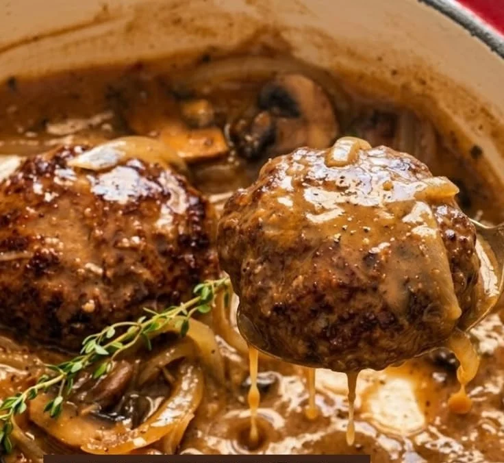 Delicious Southern hamburger steak with gravy served on a plate