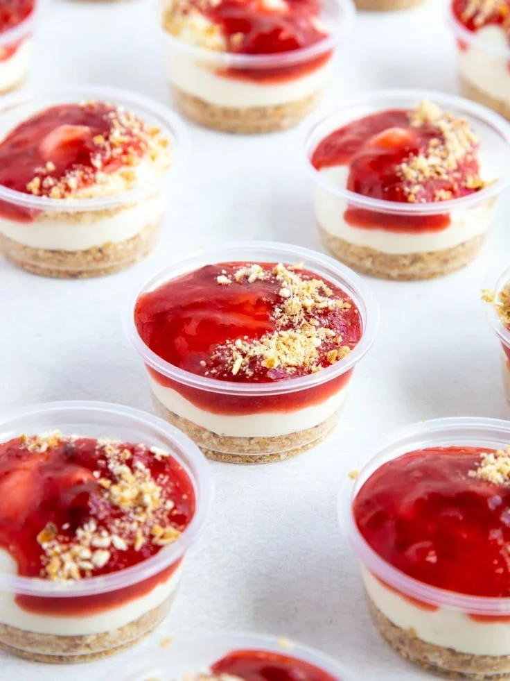 Delicious strawberry cheesecake dessert cups topped with fresh strawberries