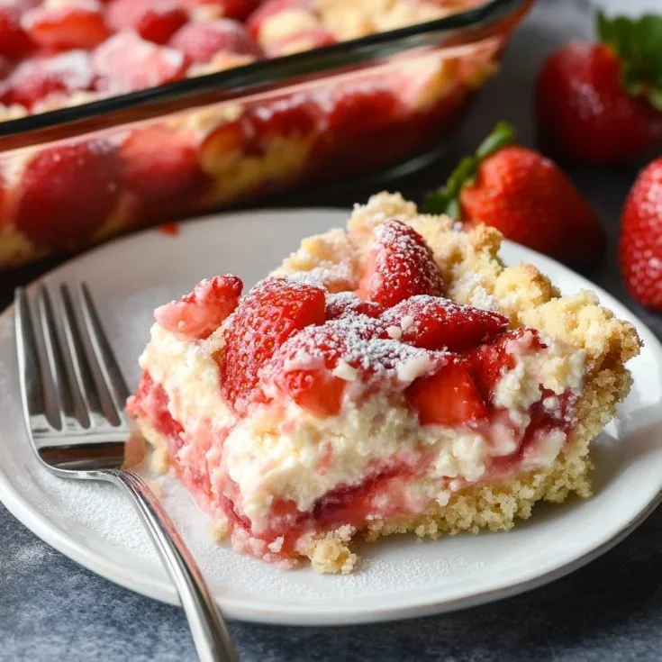 Slice of strawberry cheesecake dump cake with fresh strawberries on top