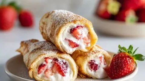 Strawberry cream cheese stuffed pancake rolls on a plate
