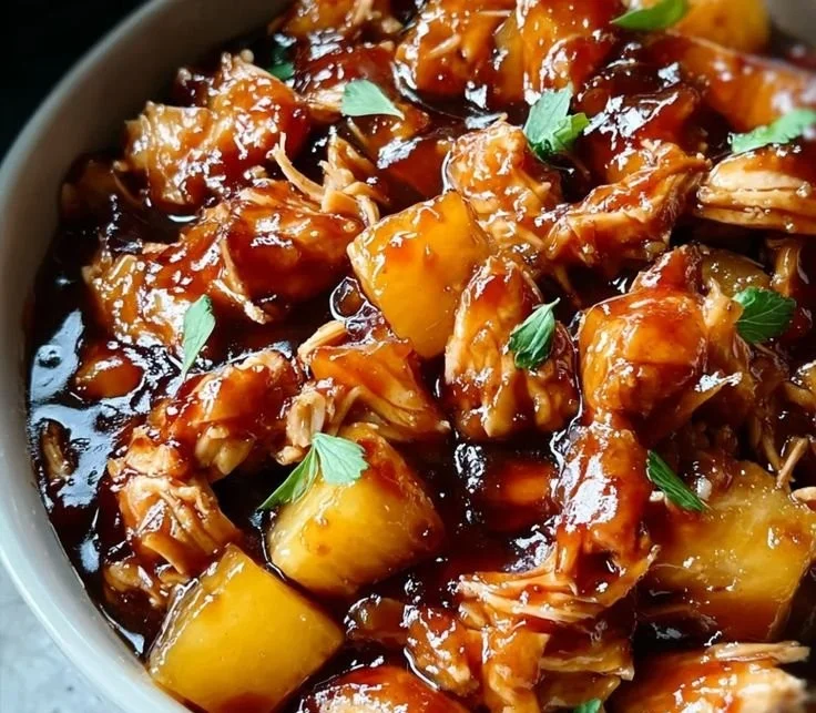 Delicious Sweet Hawaiian Crockpot Chicken garnished with pineapple and herbs.