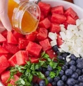 Delicious Watermelon Blueberry Feta Salad served in a bowl, showcasing vibrant colors.
