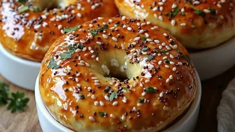 3 ingredient cottage cheese protein bagels freshly baked on a wooden board