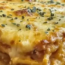 Baked Cream Cheese Spaghetti Casserole topped with parsley in a baking dish.