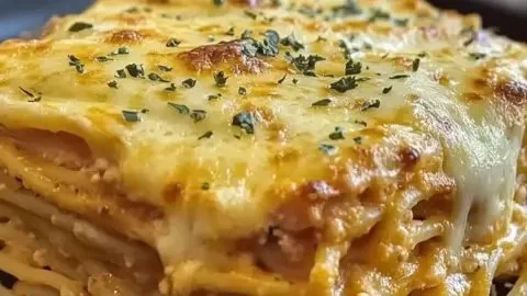 Baked Cream Cheese Spaghetti Casserole topped with parsley in a baking dish.