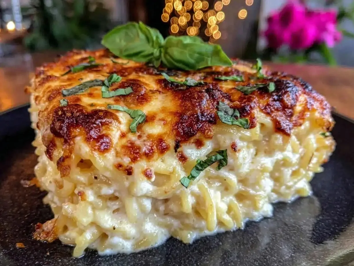 Baked Cream Cheese Spaghetti Casserole served in a dish with cheese on top